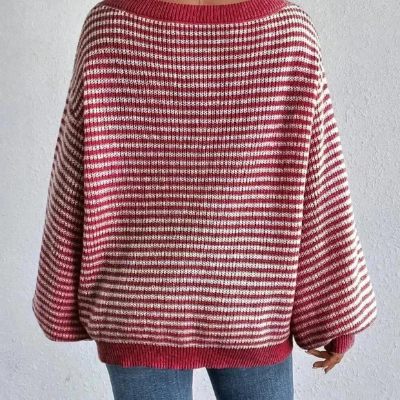 Pink Casual Women's Striped Printed Turtleneck Pullover Sweater - Picture 3 of 7
